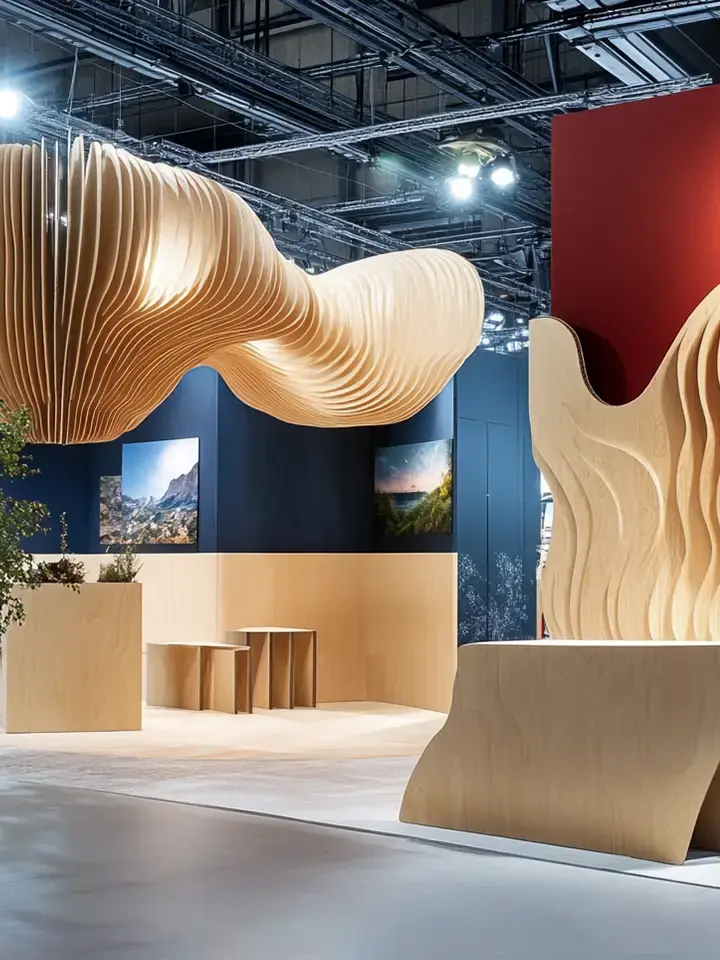 Exhibition hall with dynamic wooden structures, including a flowing ceiling installation and sculpted partitions, creating an artistic and immersive environment.